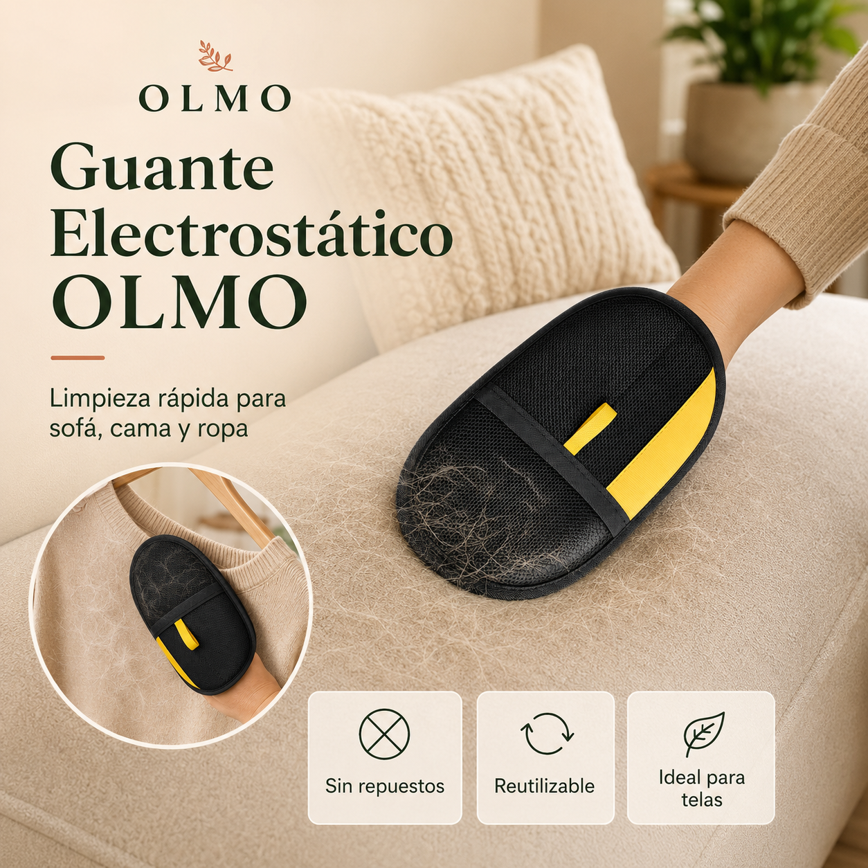 Guante Electrostático OLMO en uso sobre sofá y textiles