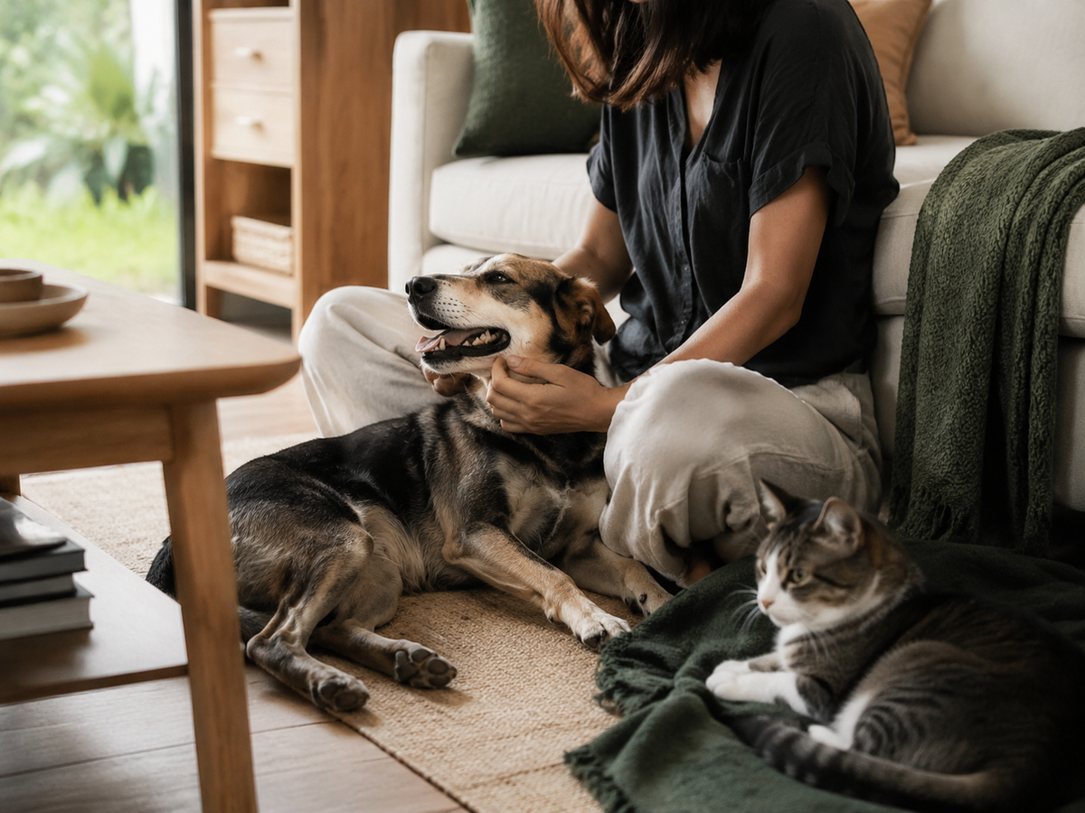 Persona compartiendo el hogar con un perro y un gato